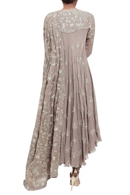 Shop_Nakul Sen_Grey Chikankari Hand Embroidered Asymmetric Kurta Set_at_Aza_Fashions