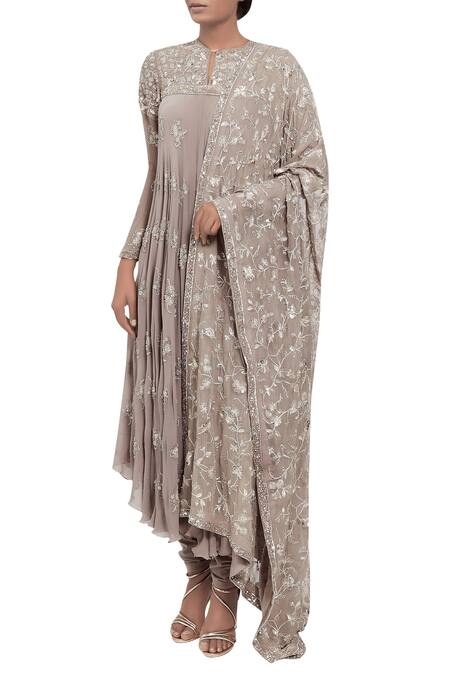 Nakul Sen_Grey Chikankari Hand Embroidered Asymmetric Kurta Set_Online_at_Aza_Fashions
