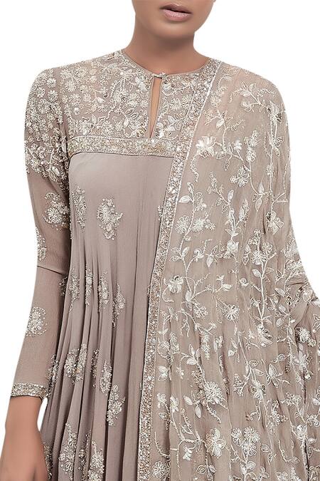 Buy_Nakul Sen_Grey Chikankari Hand Embroidered Asymmetric Kurta Set_Online_at_Aza_Fashions