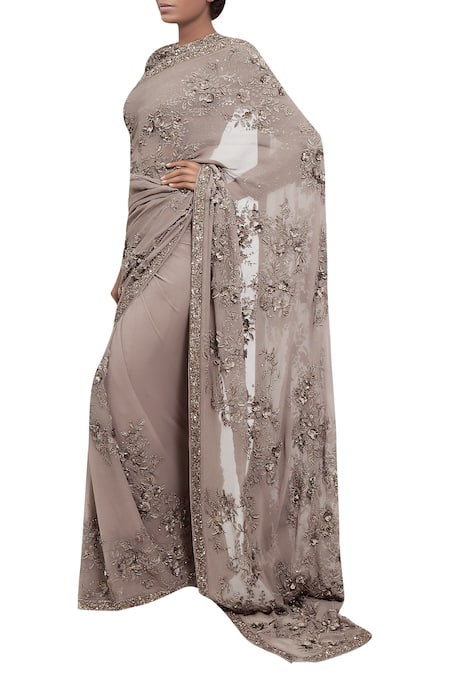 Nakul Sen_Grey Sequin 3d Floral Embroidered Saree With Blouse_Online_at_Aza_Fashions