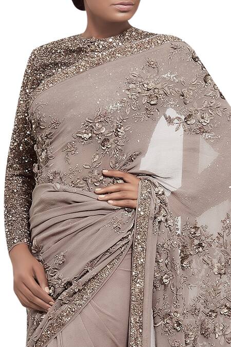Buy_Nakul Sen_Grey Sequin 3d Floral Embroidered Saree With Blouse_Online_at_Aza_Fashions