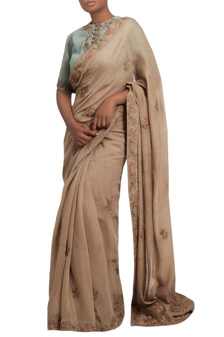 Nakul Sen_Beige Embroidered Saree With Frill Sleeves Blouse_Online_at_Aza_Fashions