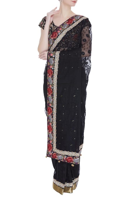 Pranay Baidya_Black Raw , Cotton Round Neck Zardozi Embroidered Saree With Blouse _Online_at_Aza_Fashions