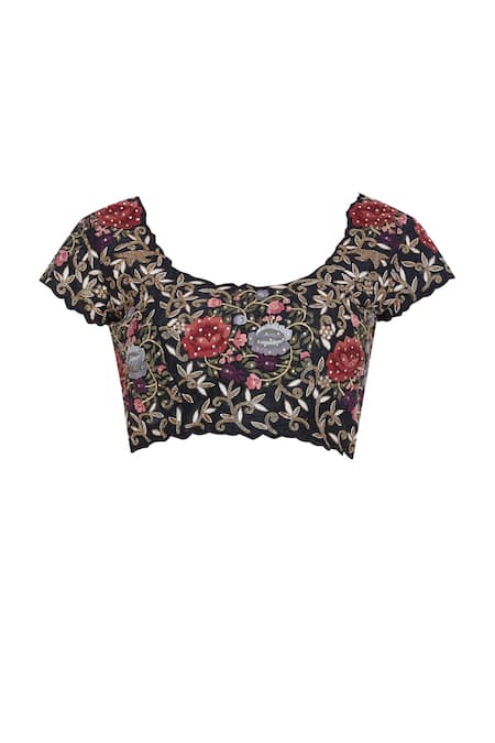 Buy_Pranay Baidya_Black Raw , Cotton Round Neck Zardozi Embroidered Saree With Blouse _Online_at_Aza_Fashions