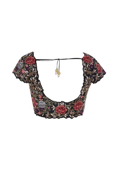 Shop_Pranay Baidya_Black Raw , Cotton Round Neck Zardozi Embroidered Saree With Blouse _Online_at_Aza_Fashions