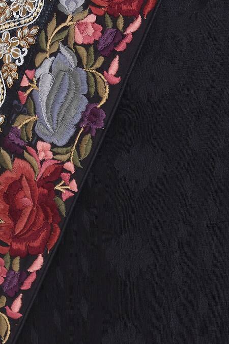Pranay Baidya_Black Raw , Cotton Round Neck Zardozi Embroidered Saree With Blouse _at_Aza_Fashions