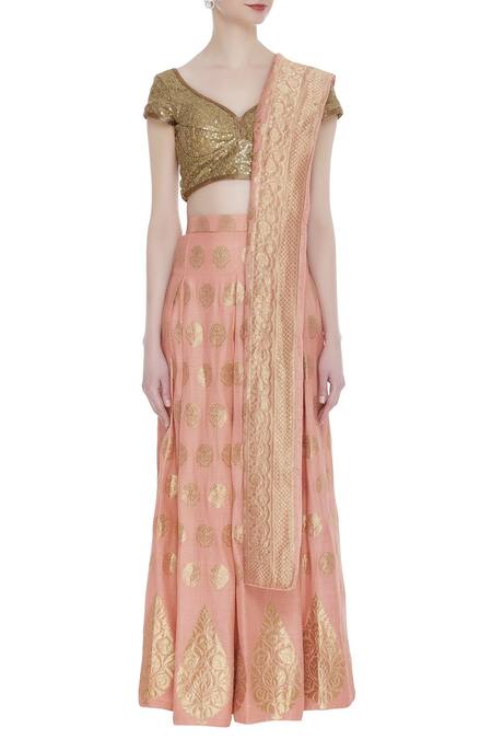Buy_Pranay Baidya_Peach Cotton, Banarasi Sequin Embroidered Blouse With Lehenga And Dupatta _Online_at_Aza_Fashions