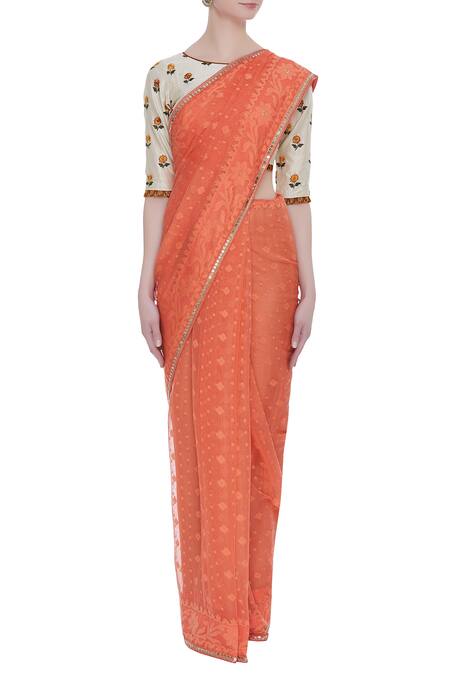 Pranay Baidya_Cream , Silk Floral Round Saree With Embroidered Blouse_Online_at_Aza_Fashions