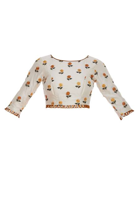 Buy_Pranay Baidya_Cream , Silk Floral Round Saree With Embroidered Blouse_Online_at_Aza_Fashions