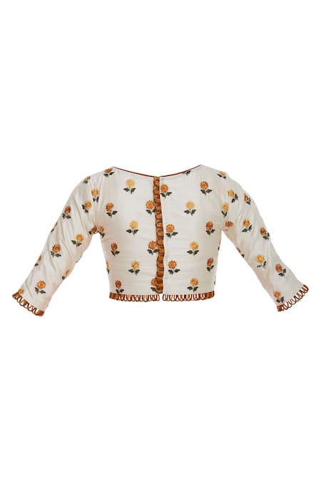 Shop_Pranay Baidya_Cream , Silk Floral Round Saree With Embroidered Blouse_Online_at_Aza_Fashions