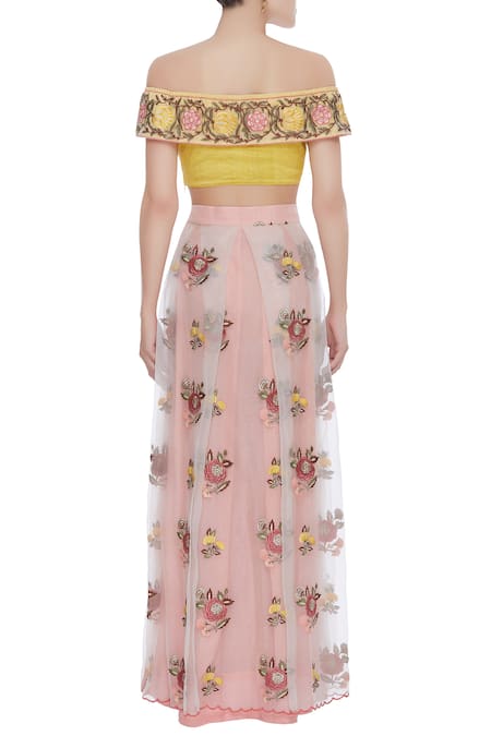 Pranay Baidya Off shoulder blouse with floral embroidered lehenga 