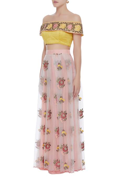 Pranay Baidya_White Raw Silk, Organza Floral Off Shoulder Blouse With Embroidered Lehenga _Online_at_Aza_Fashions