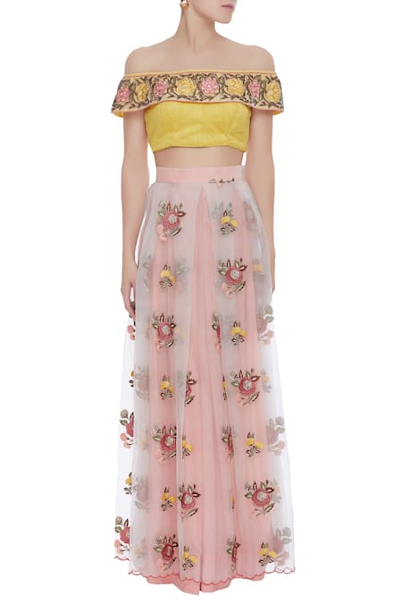 Buy_Pranay Baidya_White Raw Silk, Organza Floral Off Shoulder Blouse With Embroidered Lehenga _Online_at_Aza_Fashions