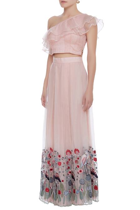 Pranay Baidya_Peach Raw Silk, Organza Straight Neck Embroidered Lehenga With Ruffle Blouse _Online_at_Aza_Fashions