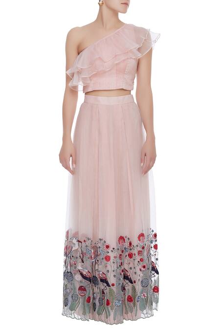 Buy_Pranay Baidya_Peach Raw Silk, Organza Straight Neck Embroidered Lehenga With Ruffle Blouse _Online_at_Aza_Fashions