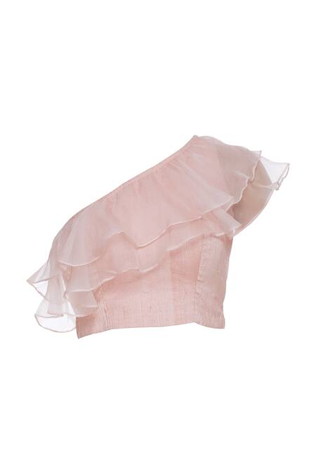 Shop_Pranay Baidya_Peach Raw Silk, Organza Straight Neck Embroidered Lehenga With Ruffle Blouse _Online_at_Aza_Fashions