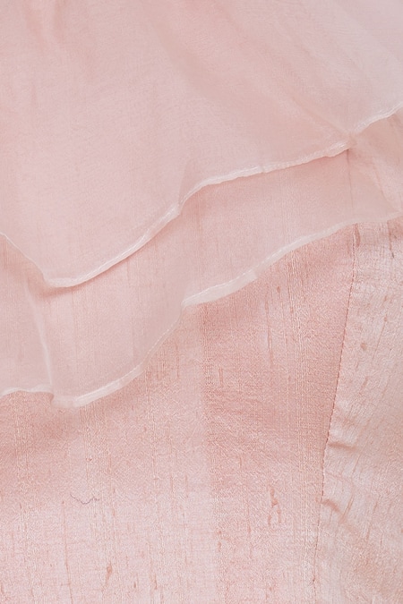 Pranay Baidya_Peach Raw Silk, Organza Straight Neck Embroidered Lehenga With Ruffle Blouse _at_Aza_Fashions