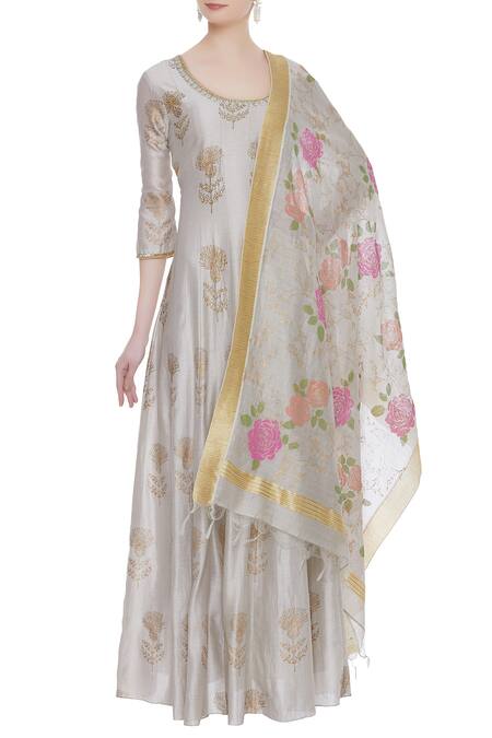 Show Shaa Beige Silk Block U Neck Embroidered And Print Anarkali With Dupatta