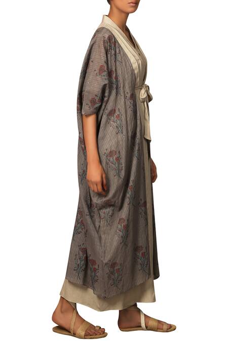 Priyam Narayan_Beige Cotton Thread, Motif Round Neck Long Kaftan Dress With Printed Jacket_Online_at_Aza_Fashions