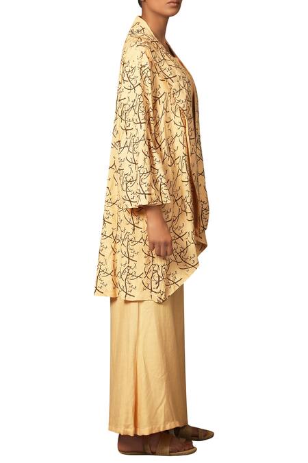 Priyam Narayan_Cream Cotton Print Thread Round Neck Crop Top With Flared Pants And Open Jacket_Online_at_Aza_Fashions