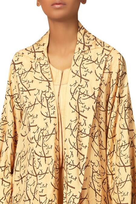 Buy_Priyam Narayan_Cream Cotton Print Thread Round Neck Crop Top With Flared Pants And Open Jacket_Online_at_Aza_Fashions