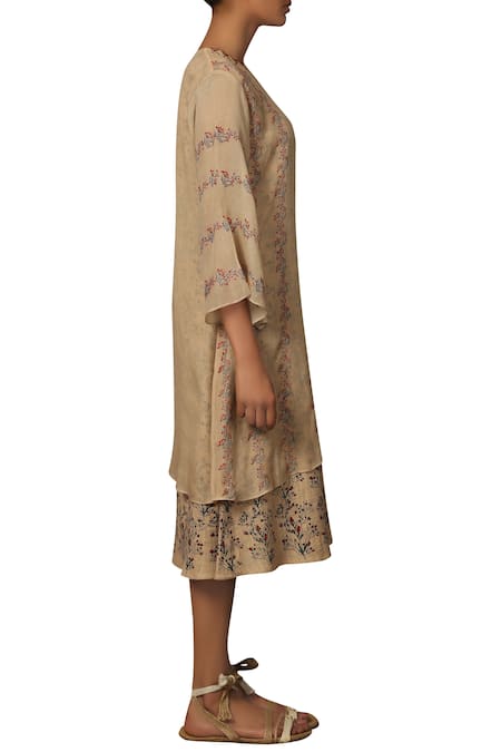 Priyam Narayan_Beige Cotton Thread, Motif Round Neck Printed Short Dress With Inner_Online_at_Aza_Fashions