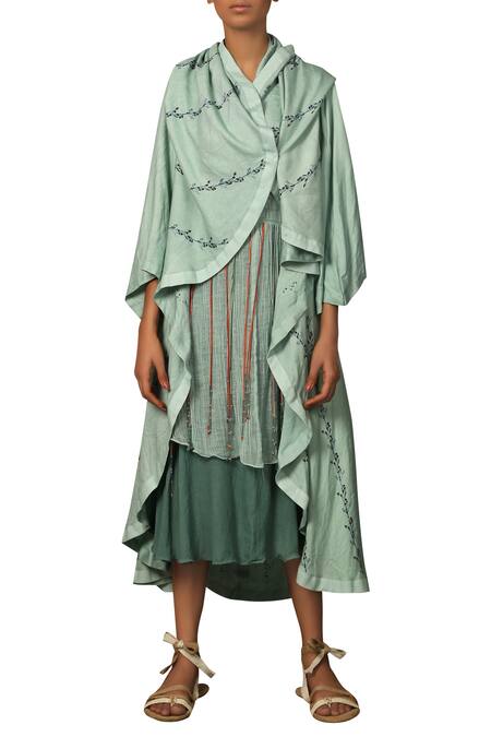 Priyam Narayan_Blue Cotton Embellished Beads Round Neck Layered Dress With Shrug _Online_at_Aza_Fashions