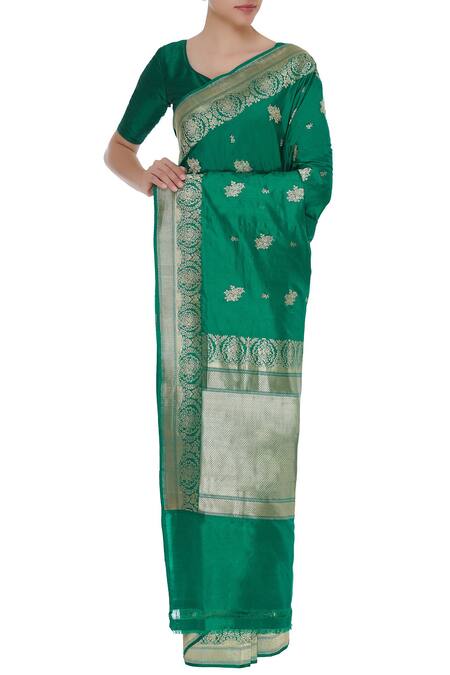 Sailesh Singhania_Green Rose Mulberry Silk Saree And Unstitched Blouse_Online_at_Aza_Fashions
