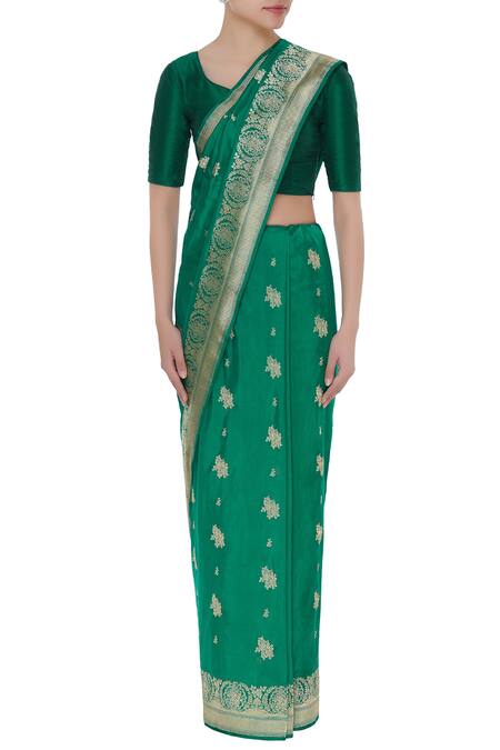 Buy_Sailesh Singhania_Green Rose Mulberry Silk Saree And Unstitched Blouse_Online_at_Aza_Fashions