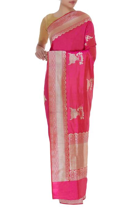 Sailesh Singhania_Pink Mulberry Silk Banarasi Woven Saree With Unstitched Blouse_Online_at_Aza_Fashions