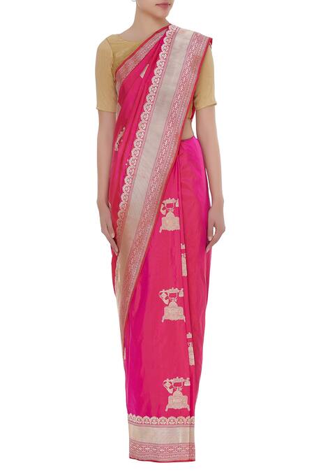 Buy_Sailesh Singhania_Pink Mulberry Silk Banarasi Woven Saree With Unstitched Blouse_Online_at_Aza_Fashions
