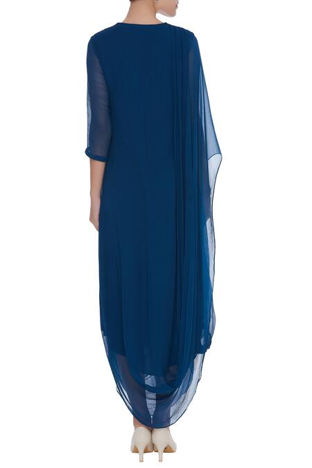 Shop Swapan & Seema Blue Georgette Embroidered Beads Mandarin Cowl Draped Tunic With Yoke at Aza Fashions Shop_Swapan & Seema_Blue Georgette Embroidered Beads Mandarin Cowl Draped Tunic With Yoke_at_Aza_Fashions