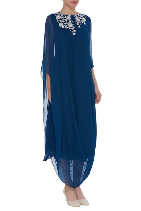 Swapan & Seema Blue Georgette Embroidered Beads Mandarin Cowl Draped Tunic With Yoke Online at Aza Fashions Swapan & Seema_Blue Georgette Embroidered Beads Mandarin Cowl Draped Tunic With Yoke_Online_at_Aza_Fashions