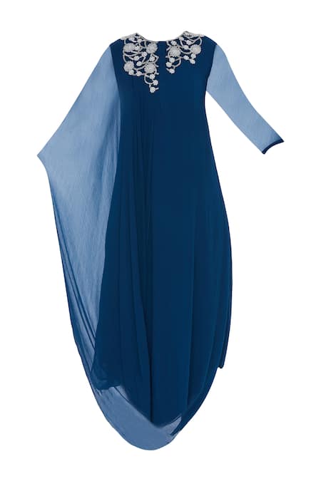 Shop Swapan & Seema Blue Georgette Embroidered Beads Mandarin Cowl Draped Tunic With Yoke Online at Aza Fashions Shop_Swapan & Seema_Blue Georgette Embroidered Beads Mandarin Cowl Draped Tunic With Yoke_Online_at_Aza_Fashions