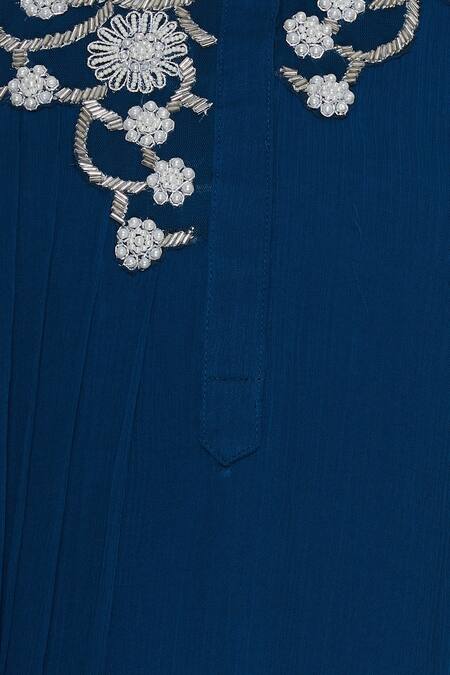 Swapan & Seema Blue Georgette Embroidered Beads Mandarin Cowl Draped Tunic With Yoke at Aza Fashions Swapan & Seema_Blue Georgette Embroidered Beads Mandarin Cowl Draped Tunic With Yoke_at_Aza_Fashions