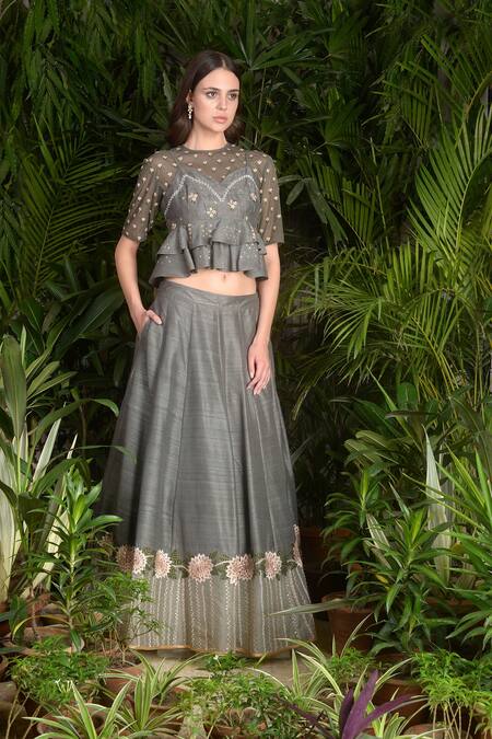 Shop Sahil Kochhar Grey Round Peplum Top And Lehenga Set at Aza Fashions Shop_Sahil Kochhar_Grey Round Peplum Top And Lehenga Set _at_Aza_Fashions