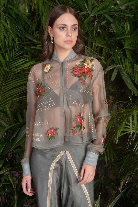Shop Sahil Kochhar Grey Mandarin Collar Organza Jacket And Silk Dhoti Pant Set at Aza Fashions Shop_Sahil Kochhar_Grey Mandarin Collar Organza Jacket And Silk Dhoti Pant Set _at_Aza_Fashions