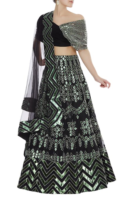 Reeti Arneja Black Applique Work Organza Lehenga Set