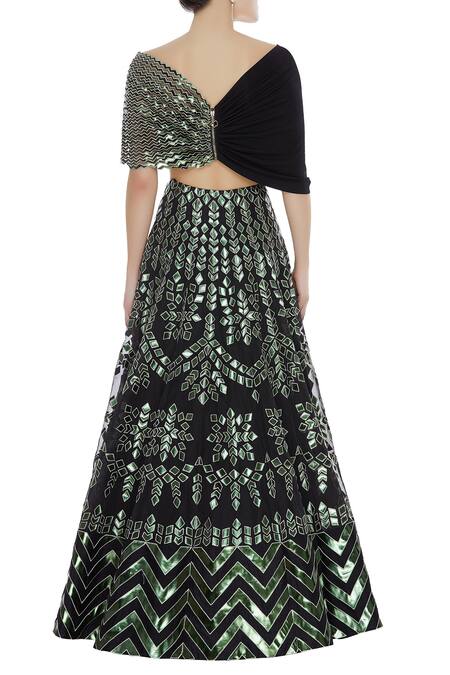 Shop_Reeti Arneja_Black Applique Work Organza Lehenga Set_at_Aza_Fashions