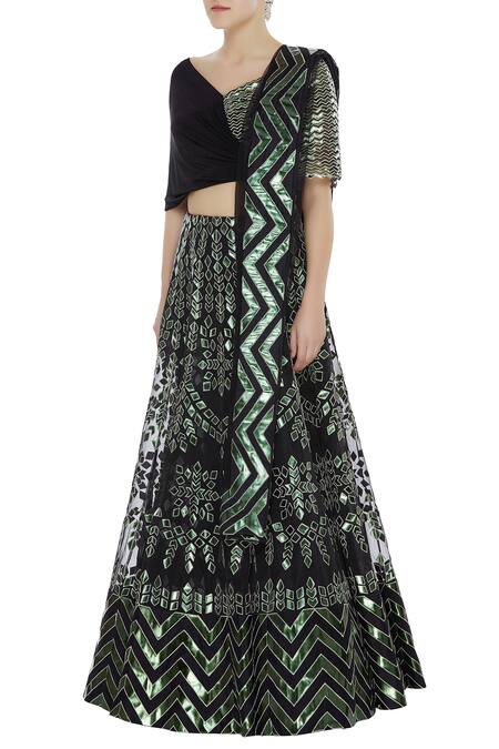 Buy_Reeti Arneja_Black Applique Work Organza Lehenga Set_Online_at_Aza_Fashions