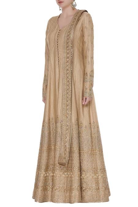 Vandana Sethi_Beige Round Embroidered Kurta Lehenga Set_Online_at_Aza_Fashions