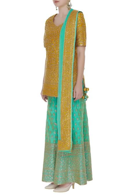 Vandana Sethi_Yellow Raw Silk Cutdana, Beads Round Sequin Embroidered Kurta And Sharara Set_Online_at_Aza_Fashions