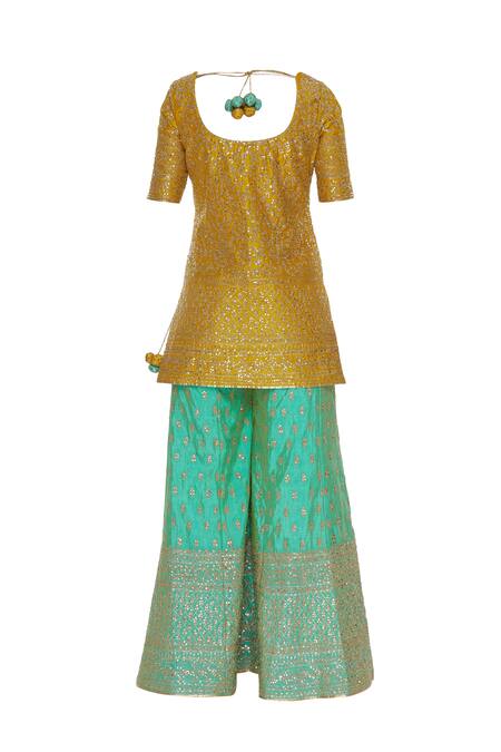 Shop_Vandana Sethi_Yellow Raw Silk Cutdana, Beads Round Sequin Embroidered Kurta And Sharara Set_Online_at_Aza_Fashions