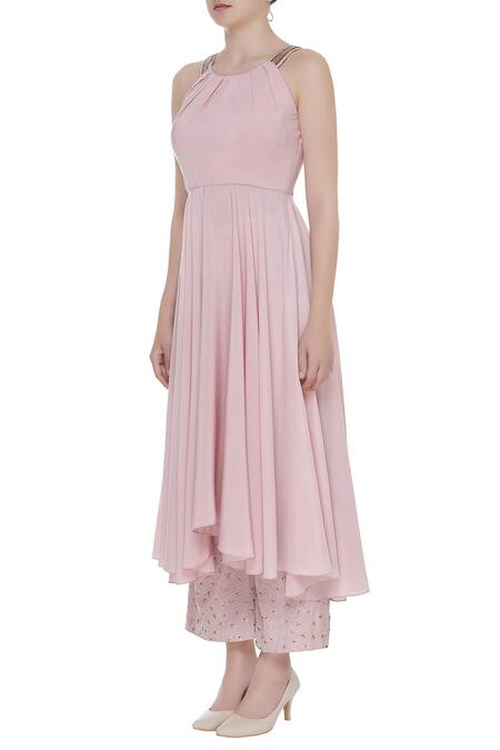 Pooja Peshoria_Pink Georgette, Shantoon Cutdana, Beads Embroidered Asymmetrical Kurta Set_Online_at_Aza_Fashions