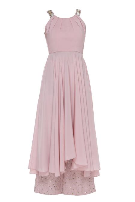 Buy_Pooja Peshoria_Pink Georgette, Shantoon Cutdana, Beads Embroidered Asymmetrical Kurta Set_Online_at_Aza_Fashions