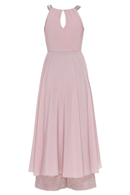 Shop_Pooja Peshoria_Pink Georgette, Shantoon Cutdana, Beads Embroidered Asymmetrical Kurta Set_Online_at_Aza_Fashions