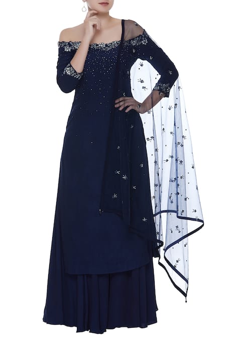 Pooja Peshoria Blue Crepe Embroidered Beads Notched Round Embellished Off Shoulder Kurta Set 