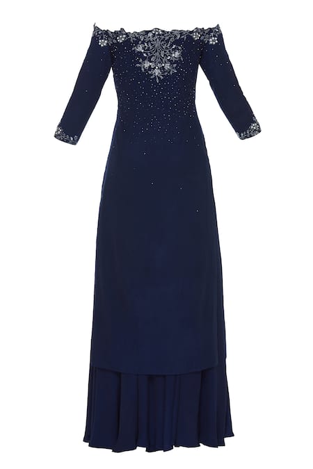 Shop_Pooja Peshoria_Blue Crepe, Shantoon Cutdana, Beads Notched Embellished Off Shoulder Kurta Set_Online_at_Aza_Fashions