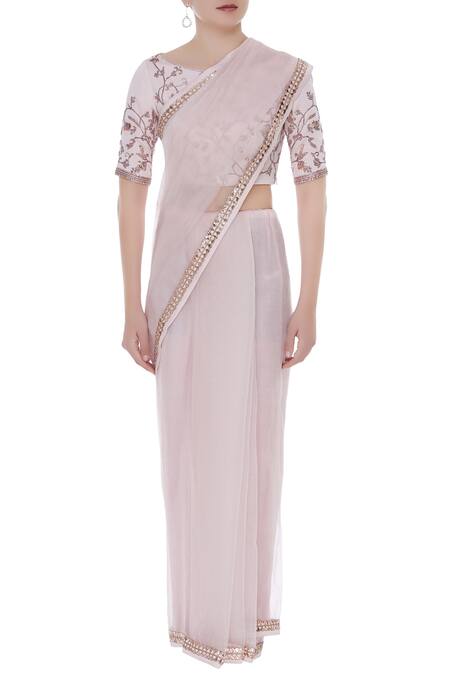 Pooja Peshoria Pink Organza Embroidered Floral Mukaish Saree With Cutdana Embellished Blouse Online at Aza Fashions Pooja Peshoria_Pink Organza Embroidered Floral Mukaish Saree With Cutdana Embellished Blouse _Online_at_Aza_Fashions