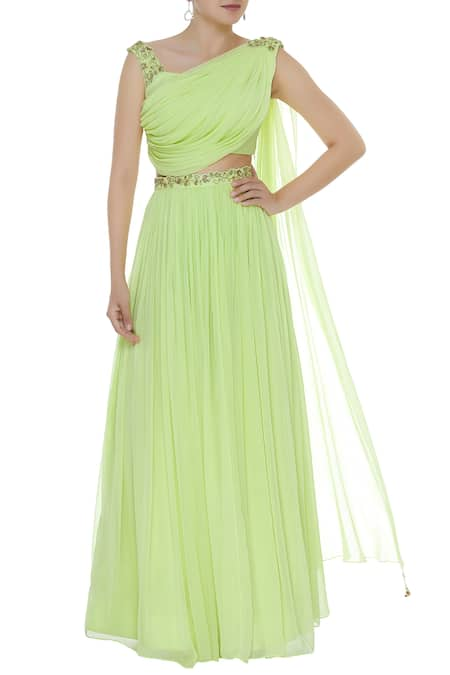 Pooja Peshoria Green Georgette Embroidered Beads Embellished Draped Blouse With Pleated Lehenga 